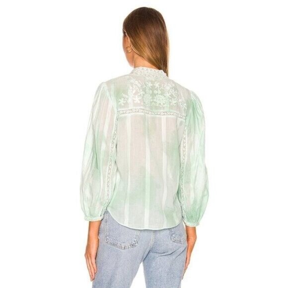 LoveShackFancy Ronda Embroidered Lace Trim Blouse in Jade Mist Hand Dye - Picture 4 of 11